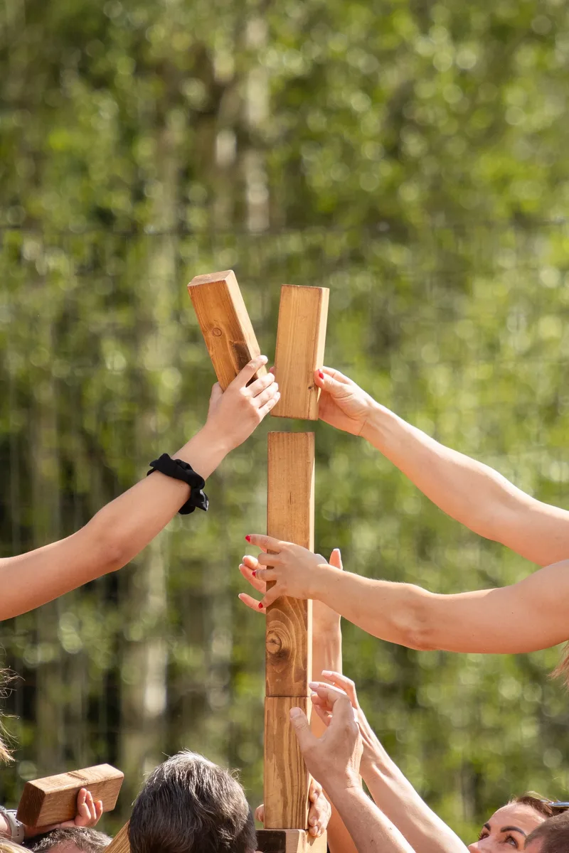 Several pairs of hands raising a timber frame together